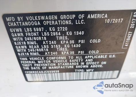 2018 Volkswagen Atlas 3.6L V6 Se из США, поврежденный, VIN 1V2KR2CA9JC533638